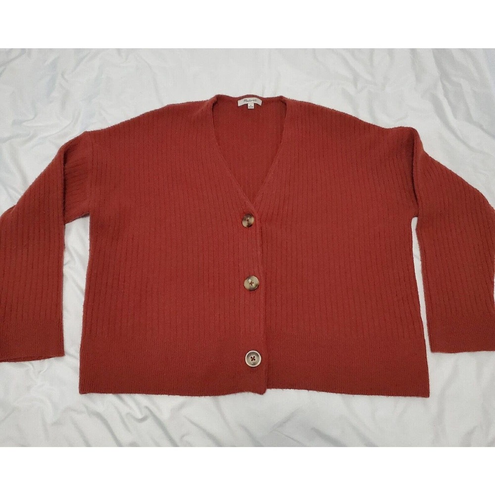 Madewell Rust Red Ribbed V-Neck Button Cardigan